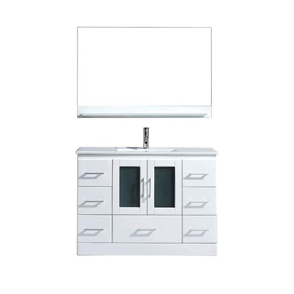 Virtu USA Zola 48 in. W Bath Vanity in White with Ceramic Vanity Top in Slim White Ceramic with Square Basin and Mirror
