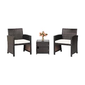 3-Pieces Wicker Patio Conversation Set With Off White Cushions