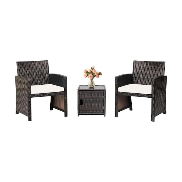 Unbranded 3-Pieces Wicker Patio Conversation Set With Off White Cushions