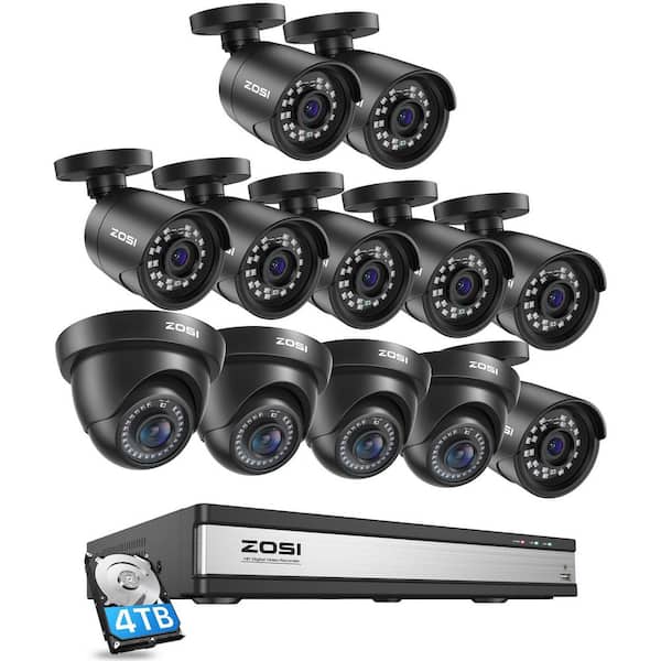 ZOSI H. 265 Plus 16-Channel 3K-Lite 4TB DVR Security Camera System with 12 Wired 1080P Bullet and Dome Cameras