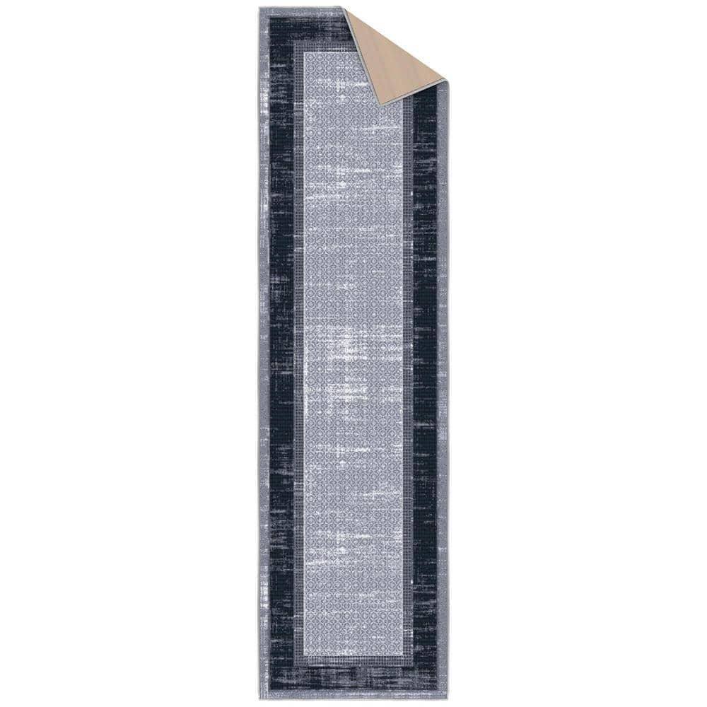Gray and Black Machine Washable Non-Slip Runner Rug
