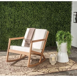 Vernon Teak Brown Wood Outdoor Rocking Chair with Beige Cushions