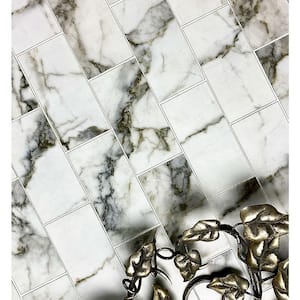 Tuscan Design Styles Carrara White Subway 3 in. x 6 in. Marble Look Glass Wall Tile (14 sq. ft./Case)