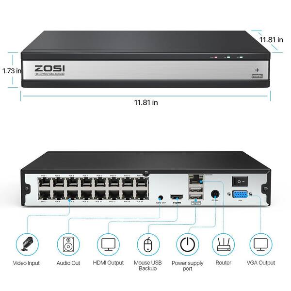 ZOSI ZR16DK 4K 8MP 16-Channel POE 4TB HDD NVR Surveillance System 