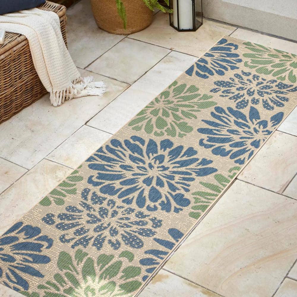 Navy & Green Zinnia Floral Textured Weave 2'x8' Indoor/Outdoor Rug