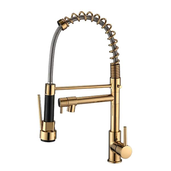 UPIKER Modern Single-Handle Commercial Pull Down Sprayer Kitchen Faucet in Polished Golden