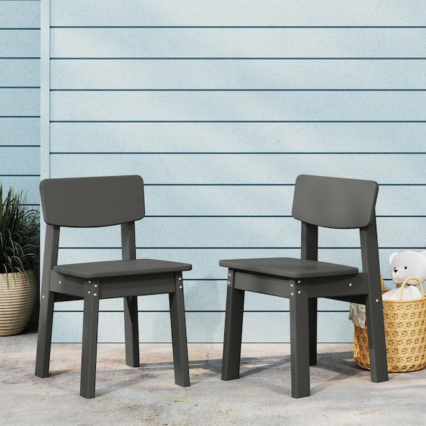 Modern Mini Children's Outdoor Patio All Weather HDPE Plastic Dining Chair for Kids (Set of 2), Gray