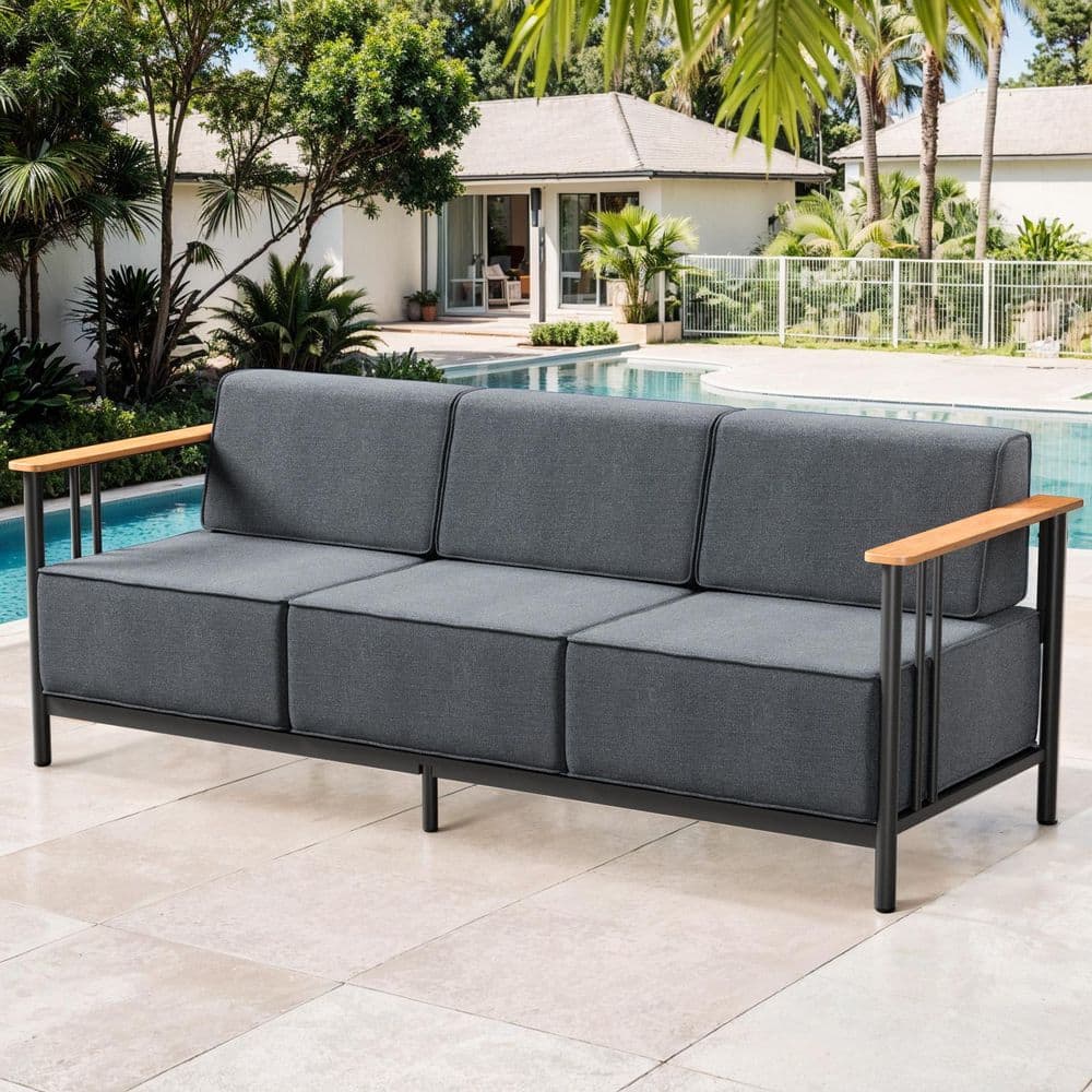 Pocassy Minimalism 3-Seat Metal Outdoor Patio Sofa Sectional Couch with ...