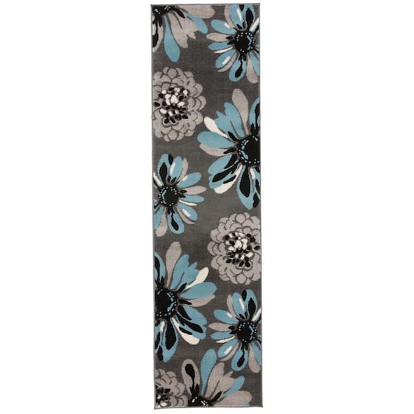 World Rug Gallery Modern Floral Flowers Blue 2 ft. x 7 ft. 2 in. Indoor Runner Rug