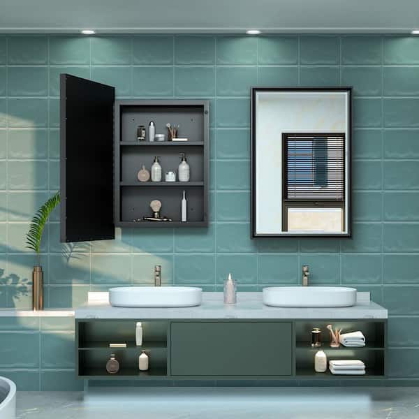 KeonJinn 17 in. W x 25 in. H Rectangular Brass Aluminum Alloy Black Framed Recessed/Surface Mount Medicine Cabinet with Mirror