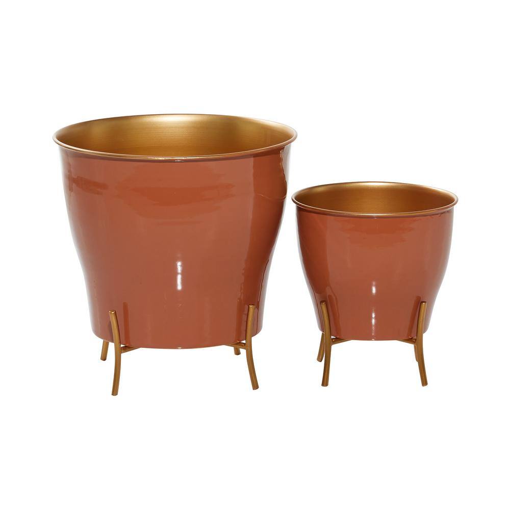 Novogratz Burnt Orange Iron Round Planters with Gold Stands, Set of 2
