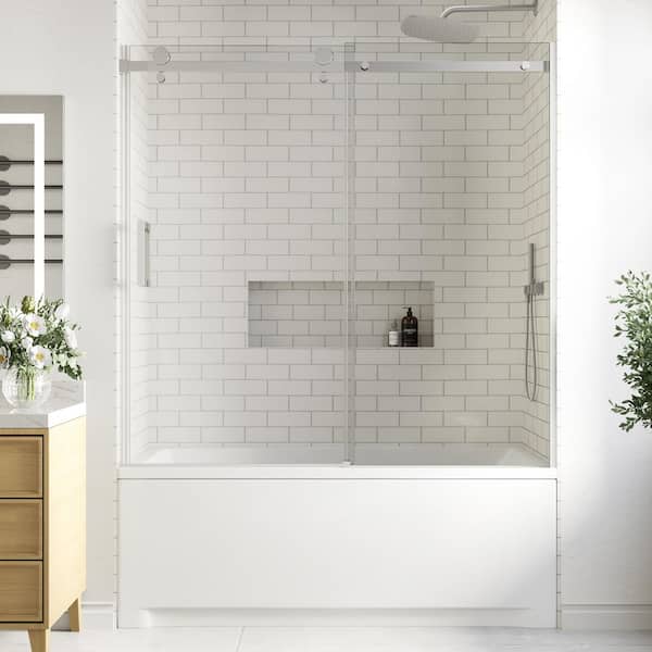 Modern 60 in. W x 58 in. H Single Sliding Frameless Tub Door in Chrome Finish with 5/16 in. (8mm) Clear Glass