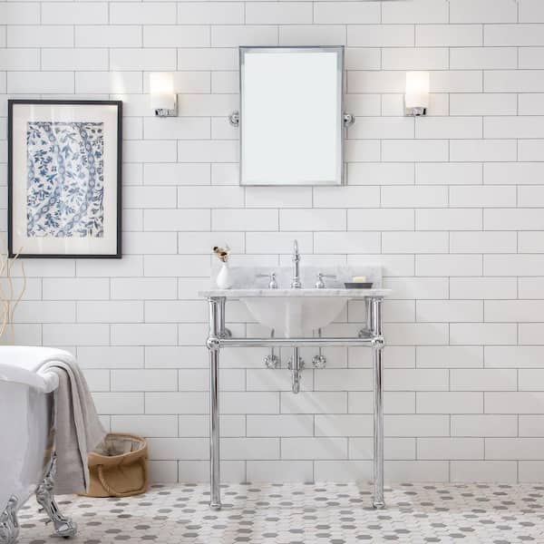 Embassy 30 in. Brass Wash Stand with Chrome P-Trap Kit, Faucet, Marble Counter Top, and White Basin