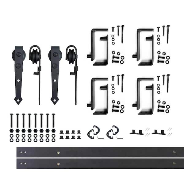 HOMACER 5.5 ft./66 in. Black Rustic Double Track Bypass U-Shape Sliding Barn Door Hardware Kit - Arrow Design Roller