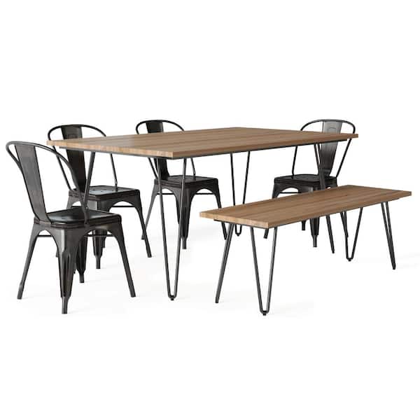 Brooklyn + Max Keiran IV 6-Piece Solid Mango Wood and Metal 66 in. W Distressed Black and Copper 4-Dining Chairs Dining Set with Bench