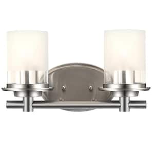14.17 in. 2-Light Brushed Nickel Modern Vanity Light With Frosted Glass Shades