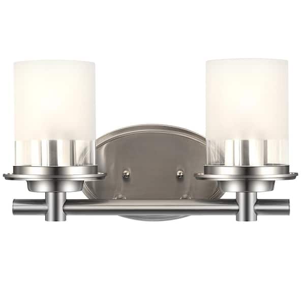 Modland 14.17 in. 2-Light Brushed Nickel Modern Vanity Light With Frosted Glass Shades