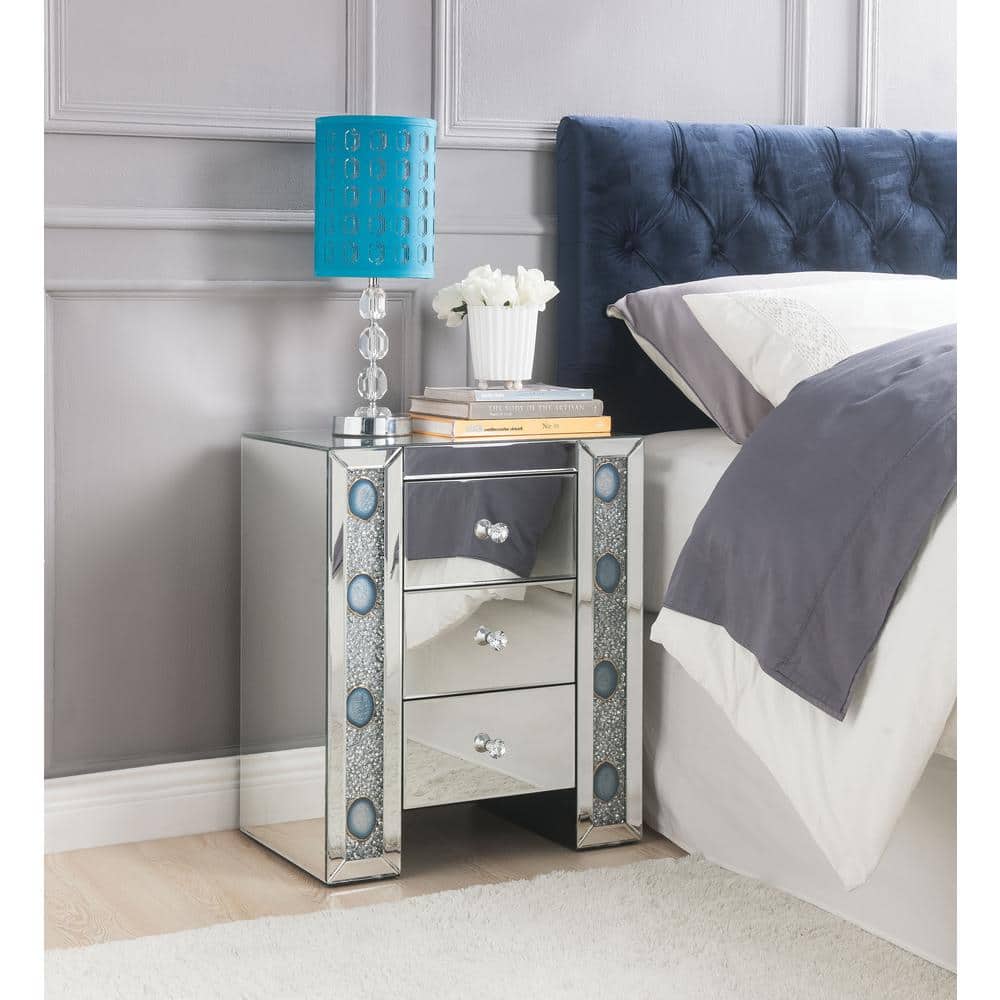 Elegant Mirrored 3-Drawer Nightstand with Faux Agate Inlay