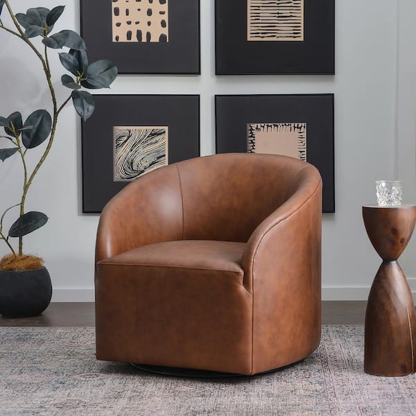 KINWELL Brown 100% Genuine Leather Swivel Barrel Armchair BSC132