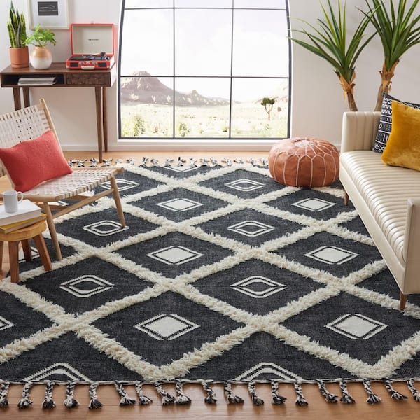 Kenya Black/Ivory 8 ft. x 10 ft. High-Low Flokati Trellis Area Rug