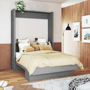 Easy-Lift Gray Wood Frame Queen Murphy Bed with Shelf