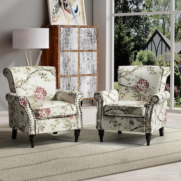 JAYDEN CREATION Auria Floral Polyester Arm Chair with Nailhead Trim (Set of 2)