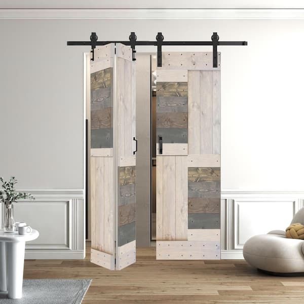 S Style 48 in. x 80 in. (12 in. x 80 in. x 4 panels) Multi-Textured Solid Wood Bi-Fold Door Hardware Kit-Assembly Needed