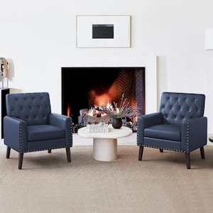 Navy Blue and Walnut Faux Leather Mid Century Modern Button Tufted Accent Chair with Wood Legs (Set of 2)