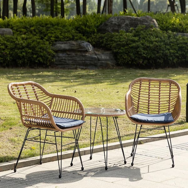 Afoxsos Patio Rattan 3-Piece Wicker Outdoor Bistro Set Seating Group with Navy Cushions, Round Table and 2 Chairs