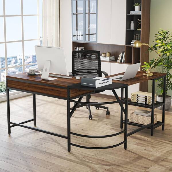 Tribesigns Way to Origin Perry 59 in. L-Shaped Brown Wood 2-Drawer Computer Desk with File Cabinet, Home Office Desk Workstation, Rustic Brown