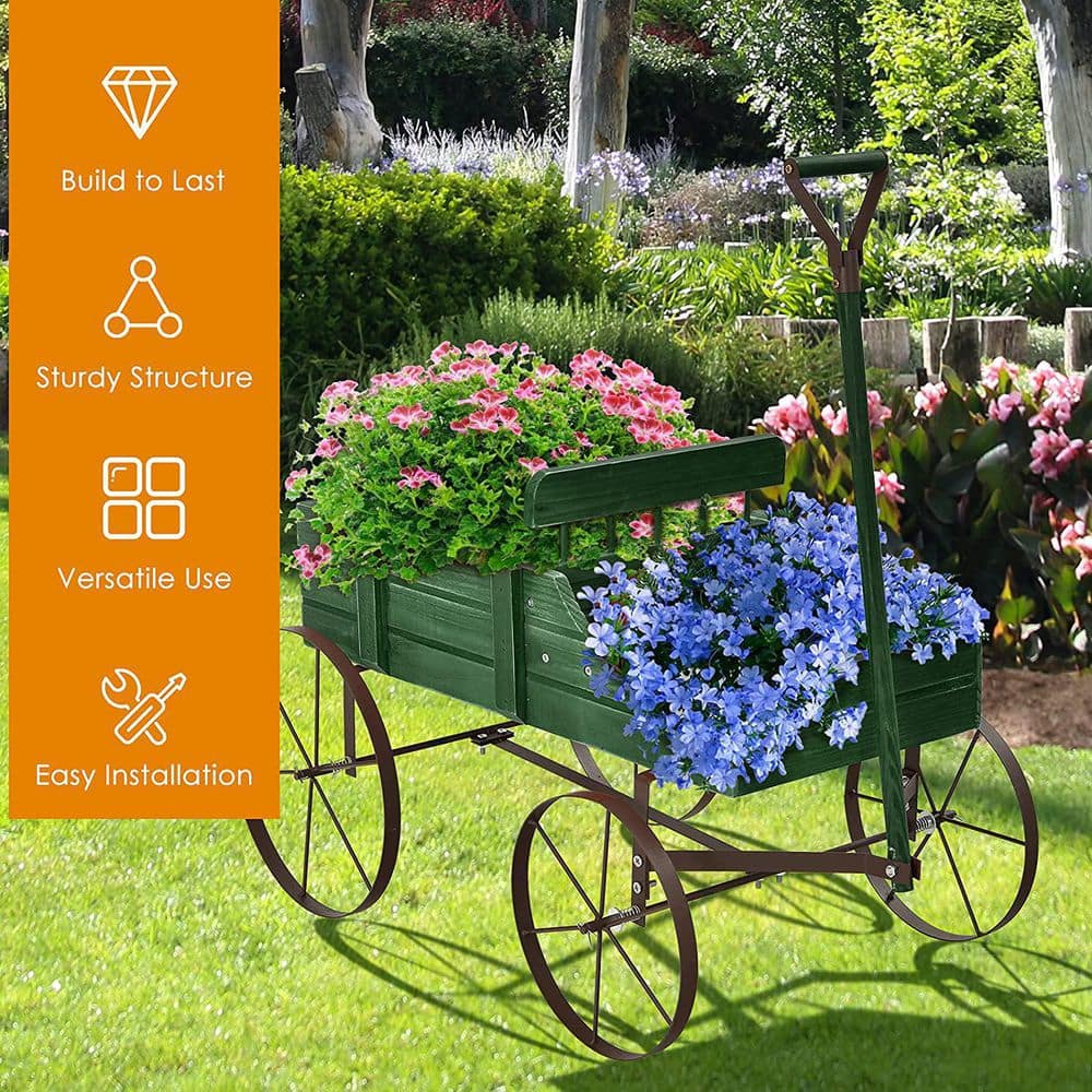 Green Fir Wood Wagon Planter with Metal Wheels