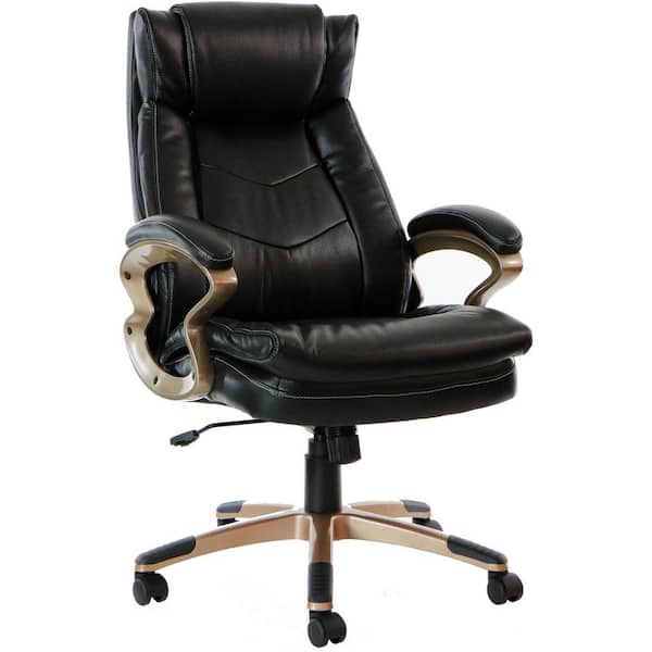 Hanover Atlas Black Executive Office Chair with Upholstered Faux-Leather Seat and Copper-Wheeled Base
