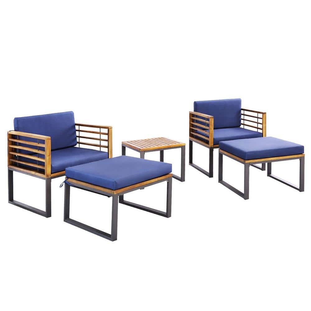 5-Pieces Patio Acacia Wood Chair and Ottoman Set Outdoor Furniture Set with Navy Cushions