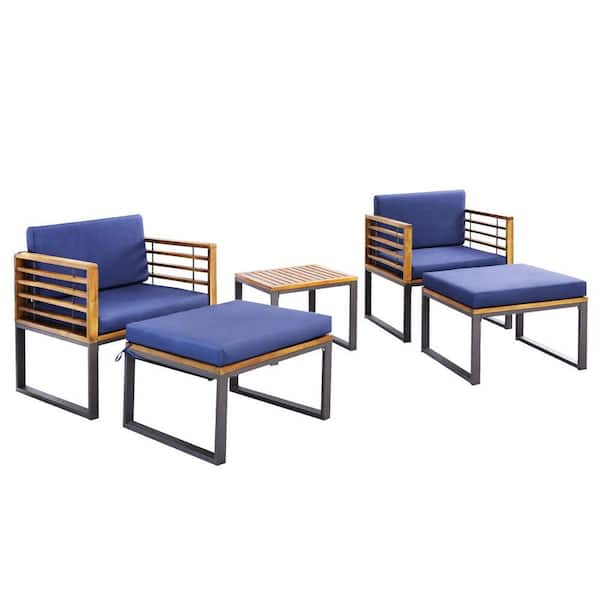 Gymax 5-Pieces Patio Acacia Wood Chair and Ottoman Set Outdoor Furniture Set with Navy Cushions