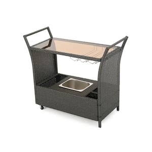 Outdoor Patio Polyethylene Rattan Serving Cart with Wheels and Tempered Glass Top in Gray
