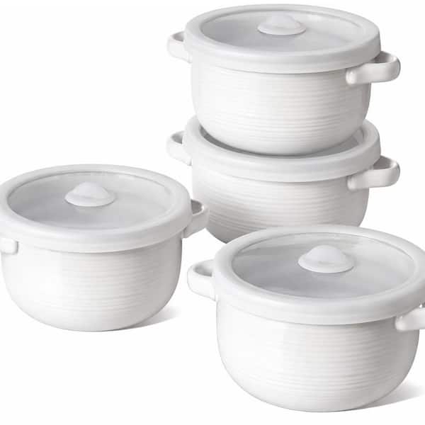 4-Piece White Ceramic Soup Bowls with Handles and Silicone Lids, Oven Microwave Safe, Leak-Proof, Non-Toxic Set