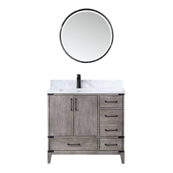 ROSWELL Zaragoza 36 in. W x 22 in. D x 34 in. H Single Sink Bath Vanity in Grey with White Composite Stone Top and Mirror