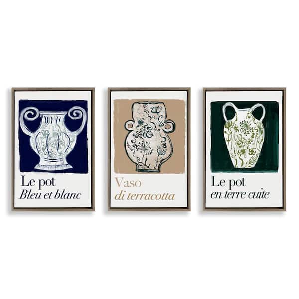 Stupell Industries French Floral Vases by Cartissi 3 Pieces Brown Floater Frame Typography Graphic Art Print 25 in. x 17 in.