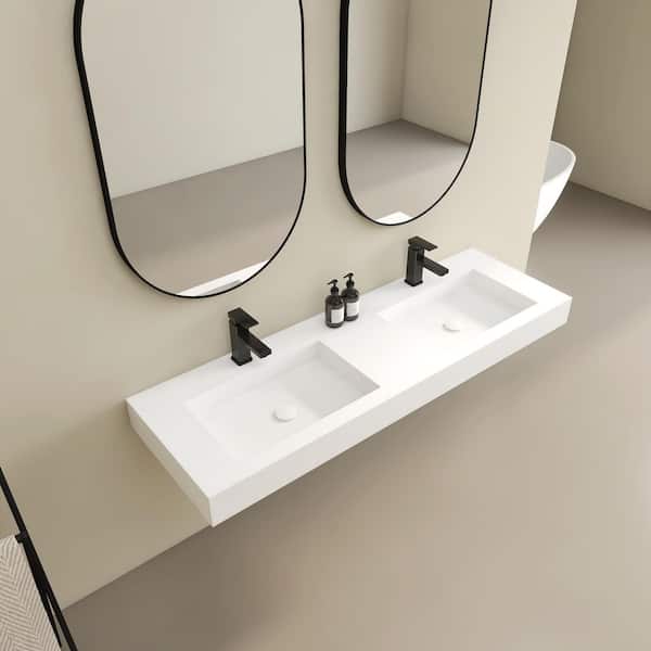 Vetra 59 x 19 in. Solid Surface Wall Mount or Countertop Bathroom Double Vessel Sink with Faucet Holes in Matte White