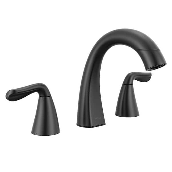 Delta Arvo Pull-Down Spout 8 in. Widespread Double Handle Bathroom Faucet Drain Included in Matte Black