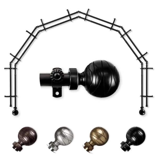EMOH 13/16" Dia Adjustable 6-Sided Double Bay Window Curtain Rod 28 to 48" (each side) with Yesenia Finials in Black