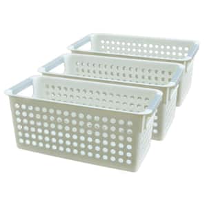 1.33 G White Rectangular Plastic Shelf Organizer Basket with Handles Set of 3