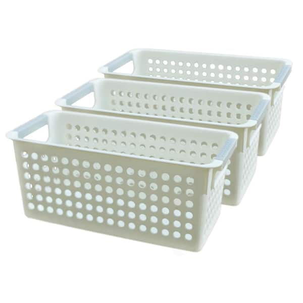 ANMINY 8PCS All-in-One Lidded Plastic Storage Bins Set White Desk Basket  Box Drawer Organizer Kitchen Container with Handles Removable Lids  Decorative