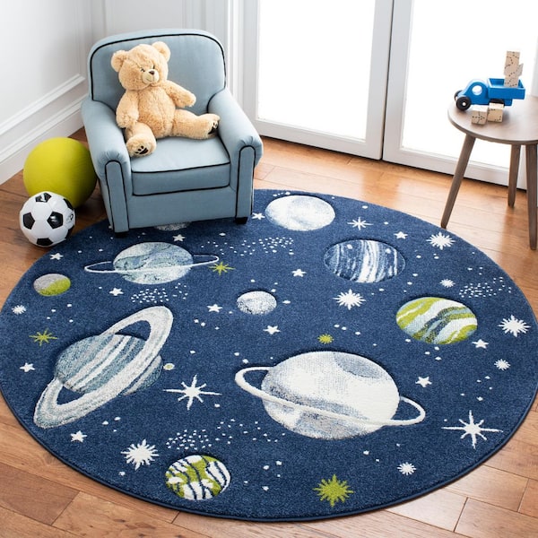 Carousel Kids Navy/Ivory 5 ft. x 5 ft. Galaxy Round Area Rug