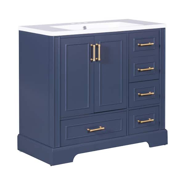Aoibox 36 in. W x 18 in. D x 34 in. H Freestanding Single Sink Bath Vanity in Blue with Resin Top in White