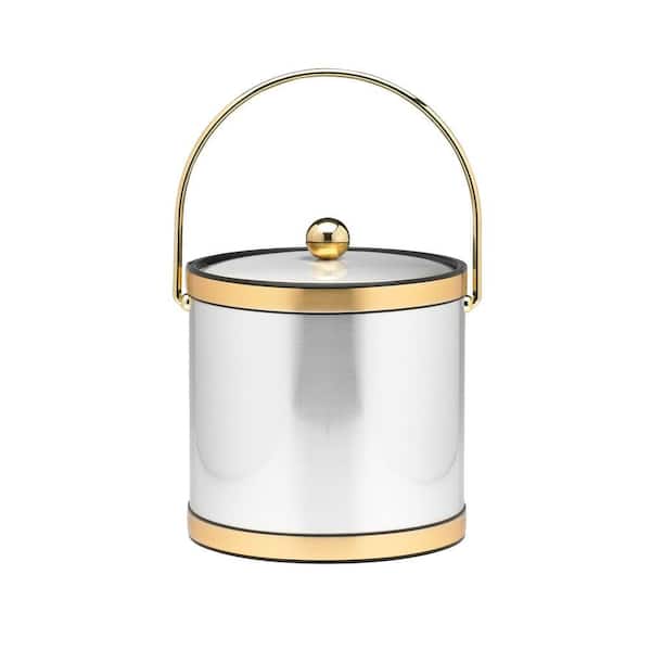 Kraftware 3 Qt. Brushed Chrome and Brass Mylar Ice Bucket with Bale Handle, Bands and Metal Cover