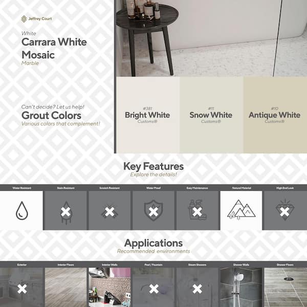Jeffrey Court Carrara White 11.75 in. x 11.75 in. x 10 mm Honed Marble Mosaic Floor and Wall Tile