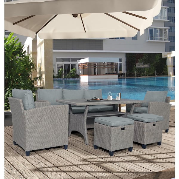 Cesicia Grey 6-Piece Rattan Patio Conversation Set with Grey Cushions