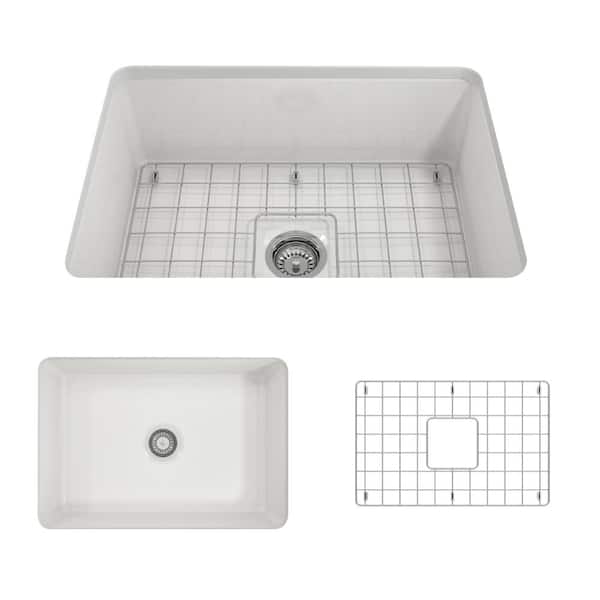 BOCCHI Sotto Undermount Fireclay 27 in. Single Bowl Kitchen Sink with Bottom Grid and Strainer in White