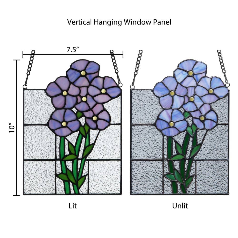 Purple and Green Stained Glass Window Panel with Forget Me Not Flowers